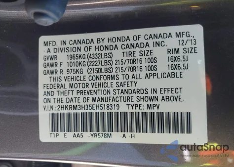 2014 Honda Cr-V Lx из США, поврежденный, VIN 2HKRM3H35EH518319